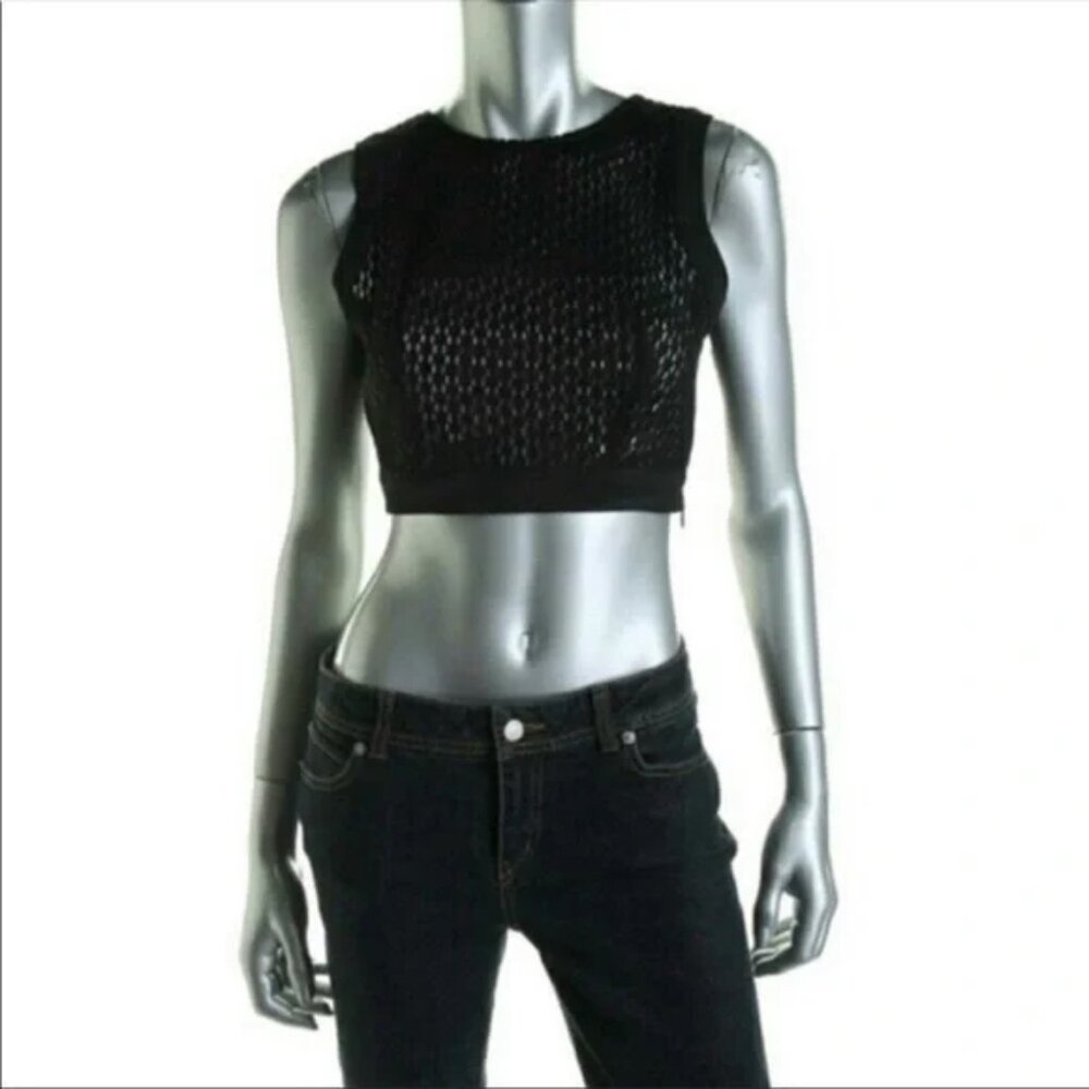 Black Mesh Crop Top Sleeveless with Crew Neck Size Small Hidden Zipper